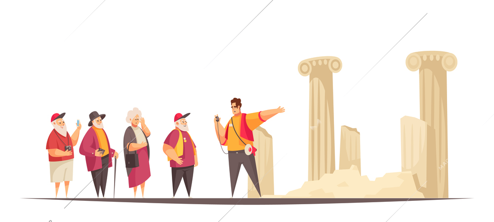 Guide excursion composition with flat characters of old people and guide with ruins of ancient architectures vector illustration