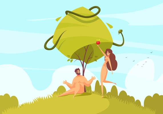 Bible narratives adam and eve composition with characters of our first parents with snake of temptation vector illustration