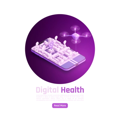 Telemedicine digital health glow isometric background composition with editable text read button and image of drone vector illustration