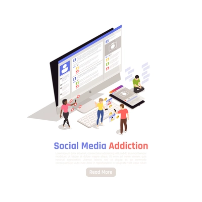 Social network addiction isometric background with images of desktop computer human characters and text with button vector illustration