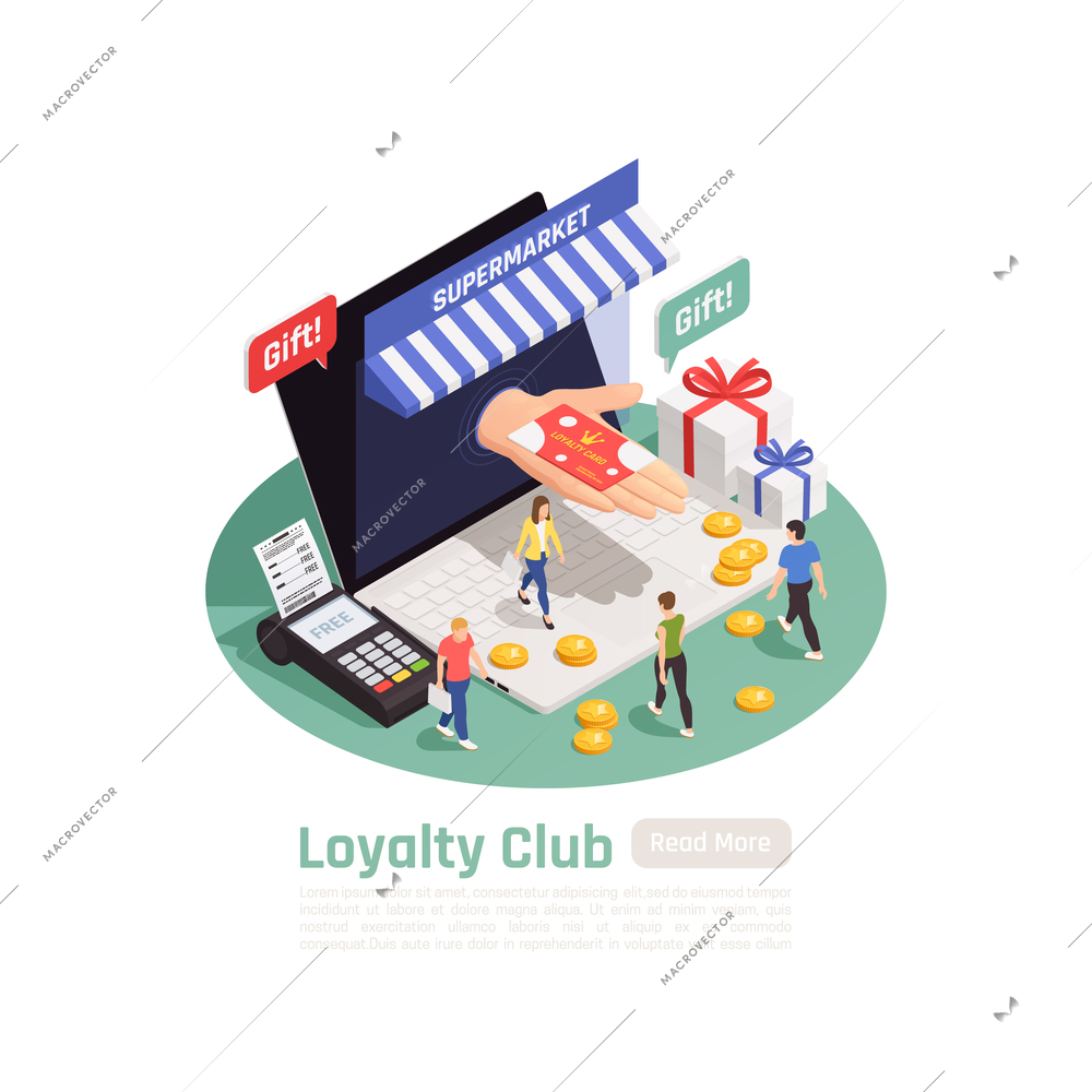 Customer loyalty retention isometric background composition with conceptual images of people payment methods laptop and text vector illustration