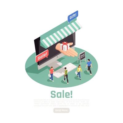 Customer loyalty retention isometric background with small people and desktop computer with human hand and text vector illustration