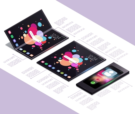 Foldable gadgets concept isometric mockup composition with next generation electronic touch screen smartphone models with text vector illustration