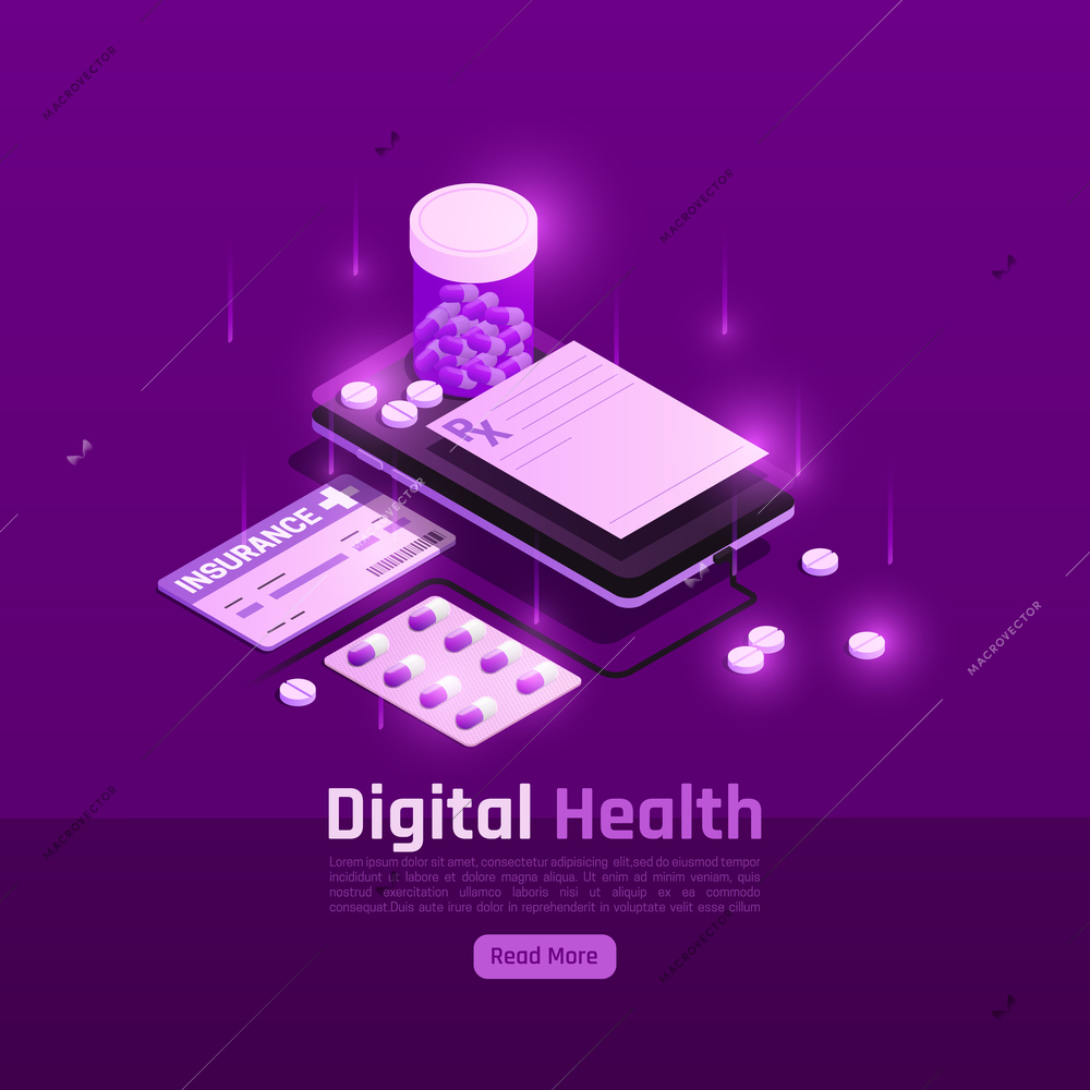 Telemedicine digital health glow isometric square background with read more button editable text and medicine images vector illustration