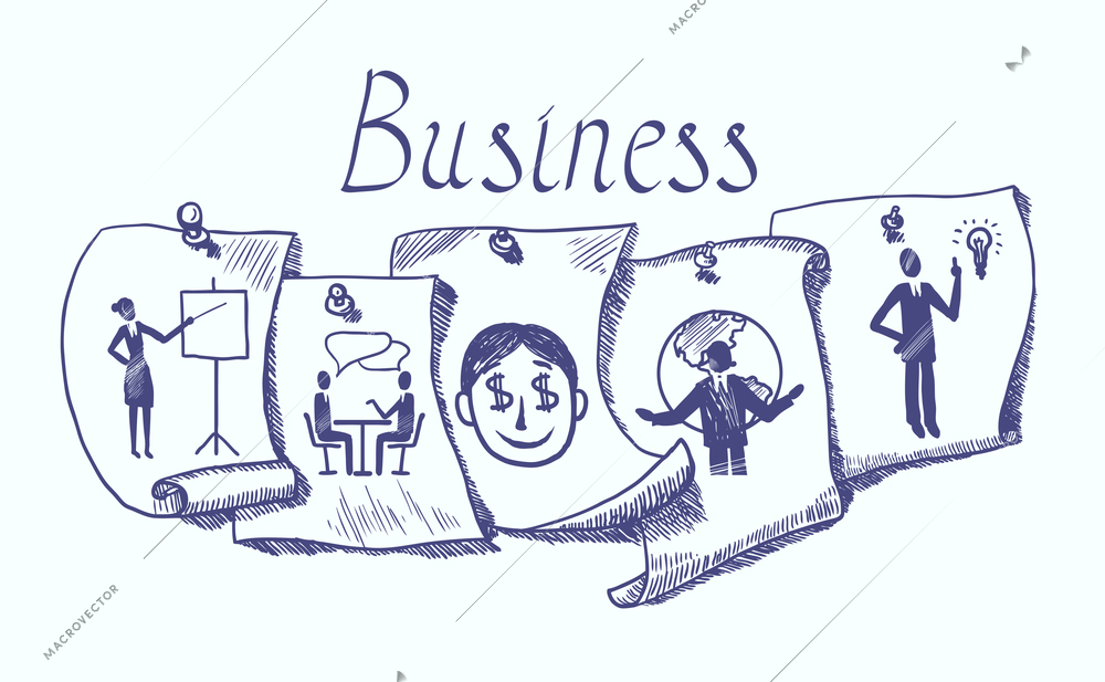 Business people hand drawn sketch paper sticker set isolated illustration