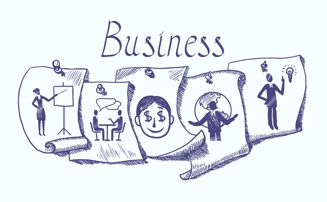 Business people hand drawn sketch paper sticker set isolated illustration