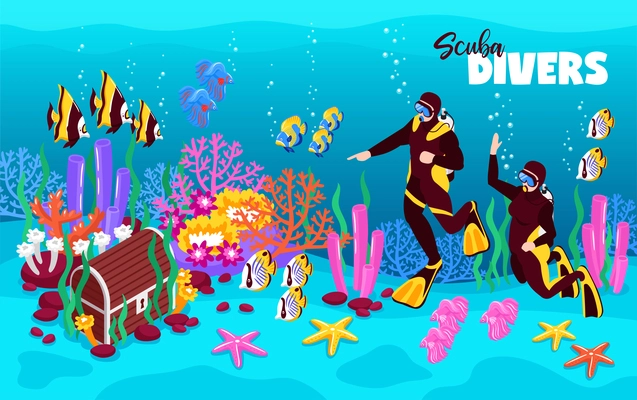 Scuba divers deep onderwater isometric fairy tale composition with treasure chest colorful corals fish water vector illustration