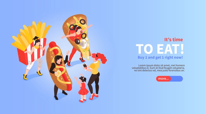 Fastfood cafe restaurant bars online order promotion isometric horizontal web banner with pizza hotdog sellers vector illustration