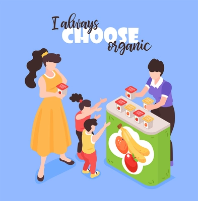 Fresh fruits vegetables promoter isometric composition with mother choosing organic food for kids blue background vector illustration