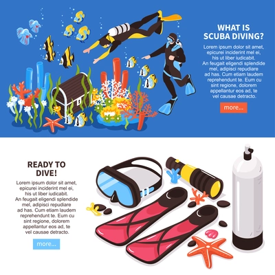 Scuba diving courses information equipment 2 isometric horizontal web banners with underwater life divers accessories vector illustration