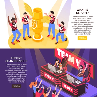 Cyber sport information on computer games competitions 2 isometric horizontal banners with winners trophy supporters vector illustration