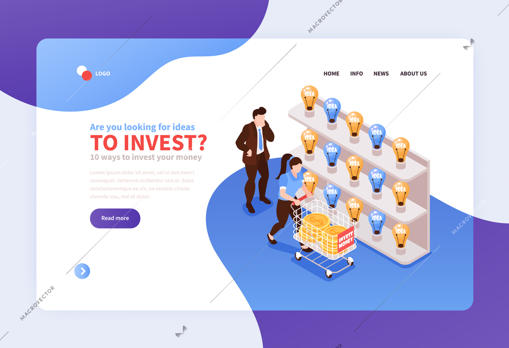 Crowdfunding project choosing for money investment concept isometric symbolic horizontal web banner with ideas shopping vector illustration