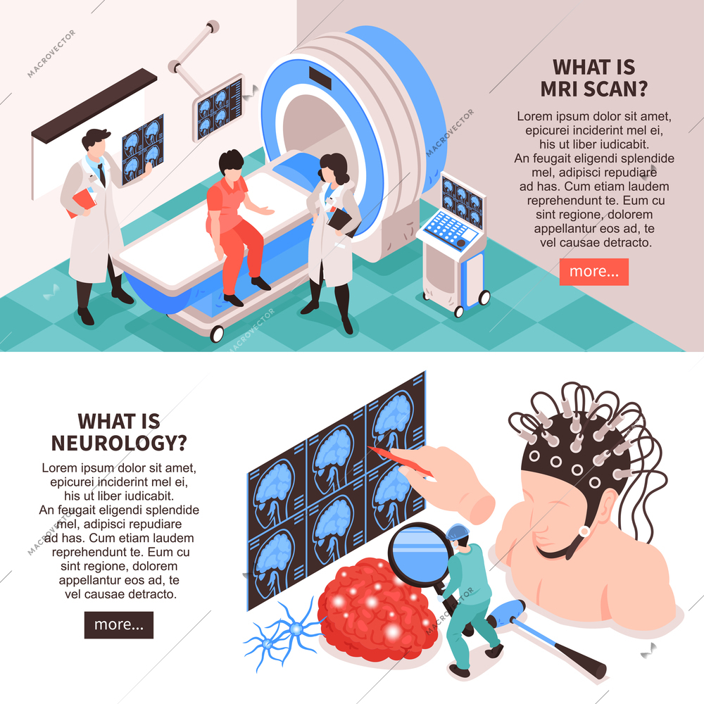 Neurological center website 2 isometric horizontal banners with mri scan test and brain research info vector illustration