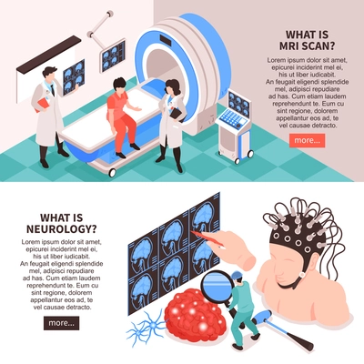 Neurological center website 2 isometric horizontal banners with mri scan test and brain research info vector illustration