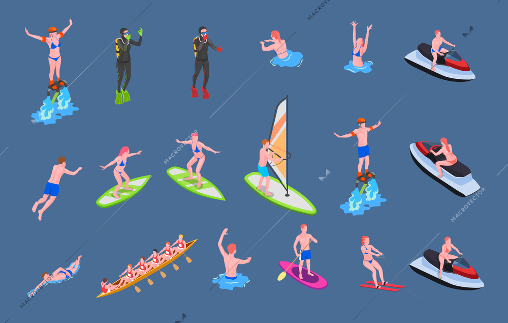 Water sports isometric icon set with water polo kayaking and canoeing rowing slalom sailing swimming diving windsurfing wakesurfing and surfing