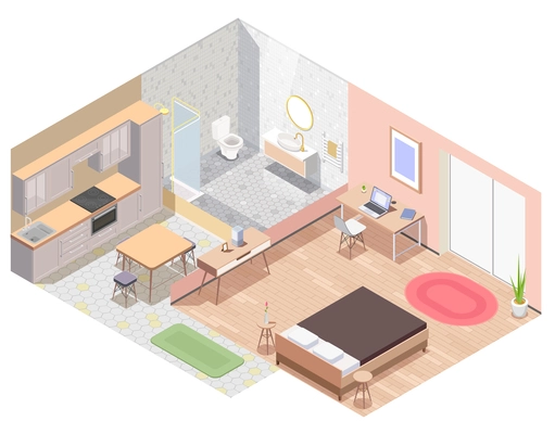 Interior furniture isometric colored composition the layout of the apartment with kitchen bathroom living room equipped with furniture vector illustration