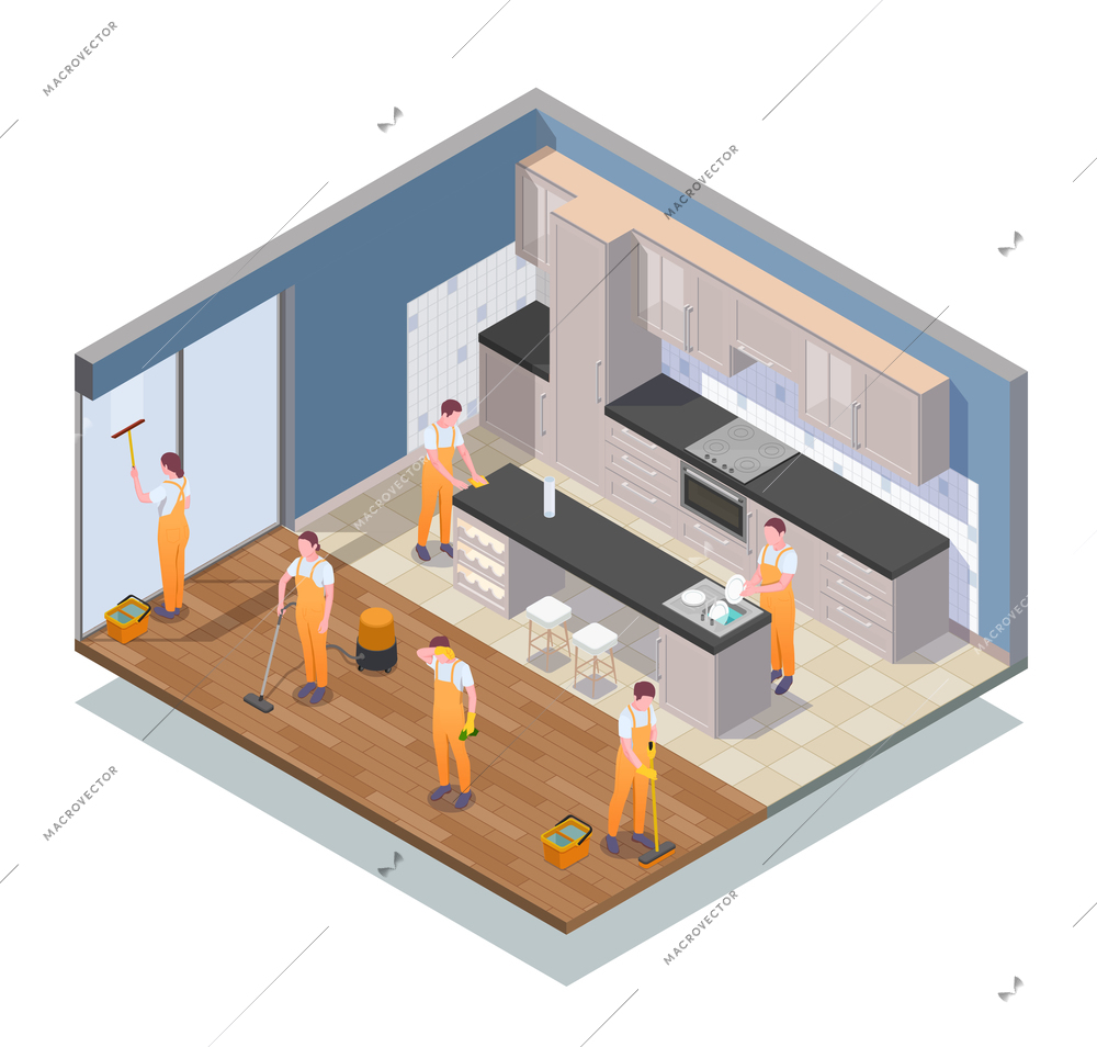 Isometric colored cleaning composition with cleaners work in apartment clean the kitchen vector illustration