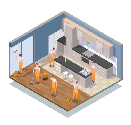 Isometric colored cleaning composition with cleaners work in apartment clean the kitchen vector illustration