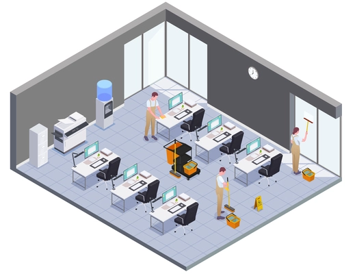 Isometric colored cleaning concept isolated office room and workers wash windows floors and furniture vector illustration