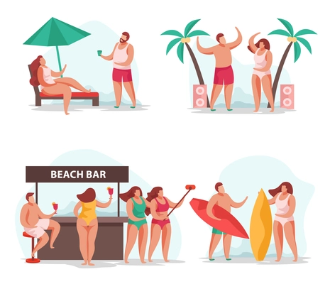 Summer party flat 4x1 set of isolated compositions with human characters of resting people leisure activities vector illustration