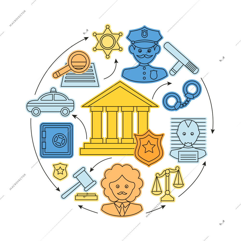 Law and justice business concept with gavel prosecutor judgment jury icons vector illustration