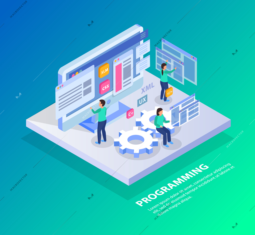 Web development isometric concept background with images of screens small human characters gear symbols and icons vector illustration