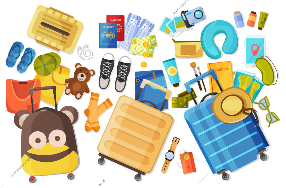 Family suitcase flat composition with flat images of personal things and belongings of child and adults vector illustration