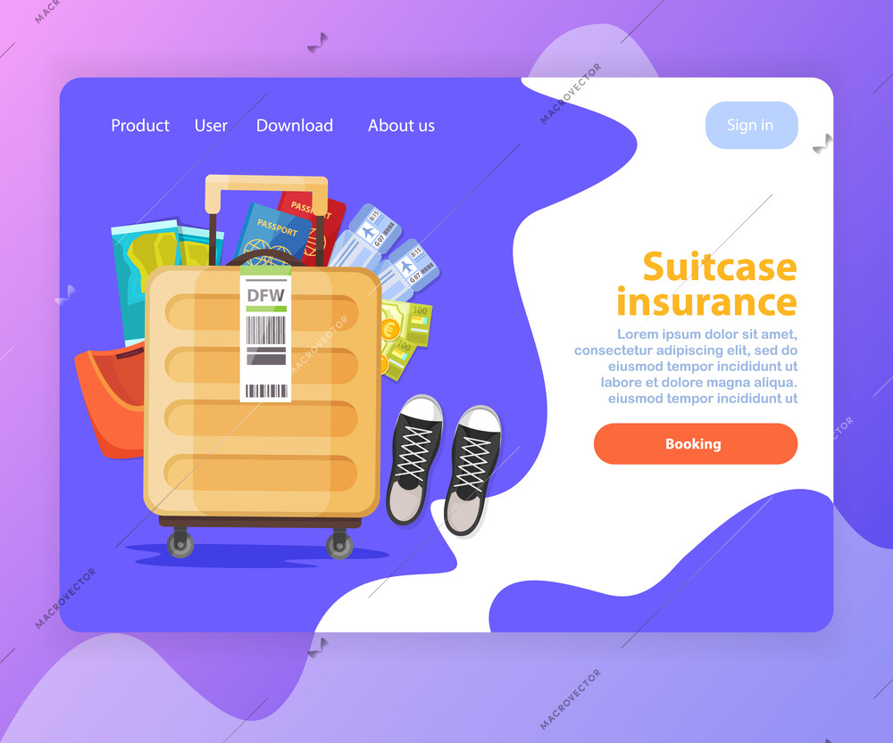 Suitcase insurance website landing page background with flat images and clickable links with buttons and text vector illustration