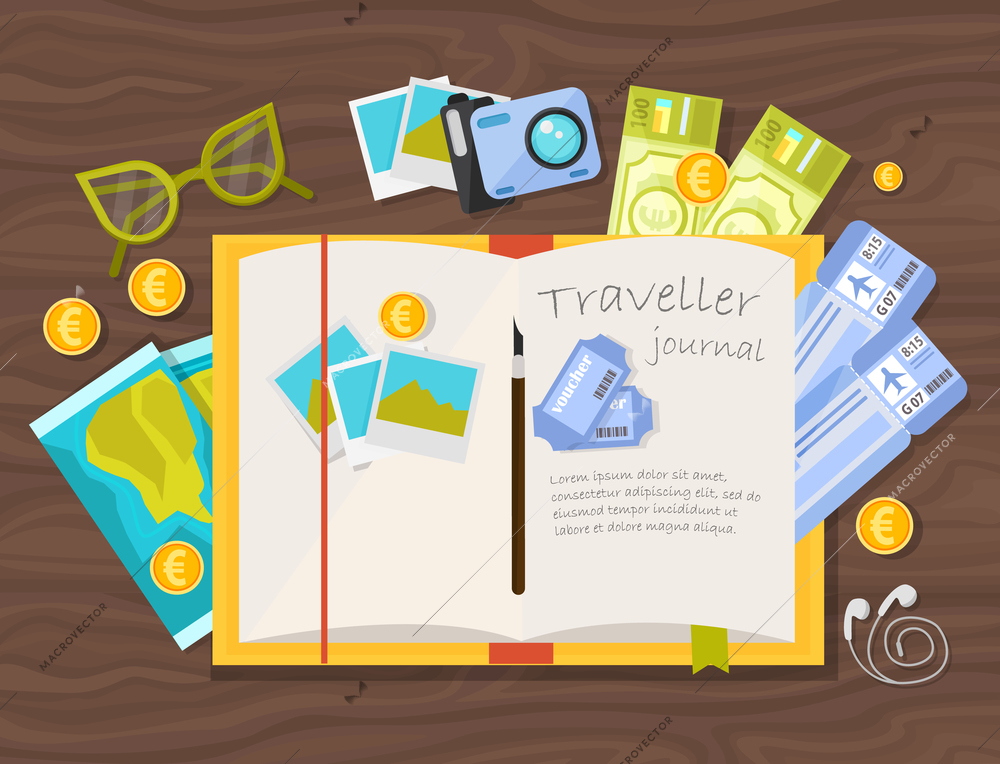 Traveler journal composition with tourist notebook with coins tickets and personal things on wooden surface background vector illustration