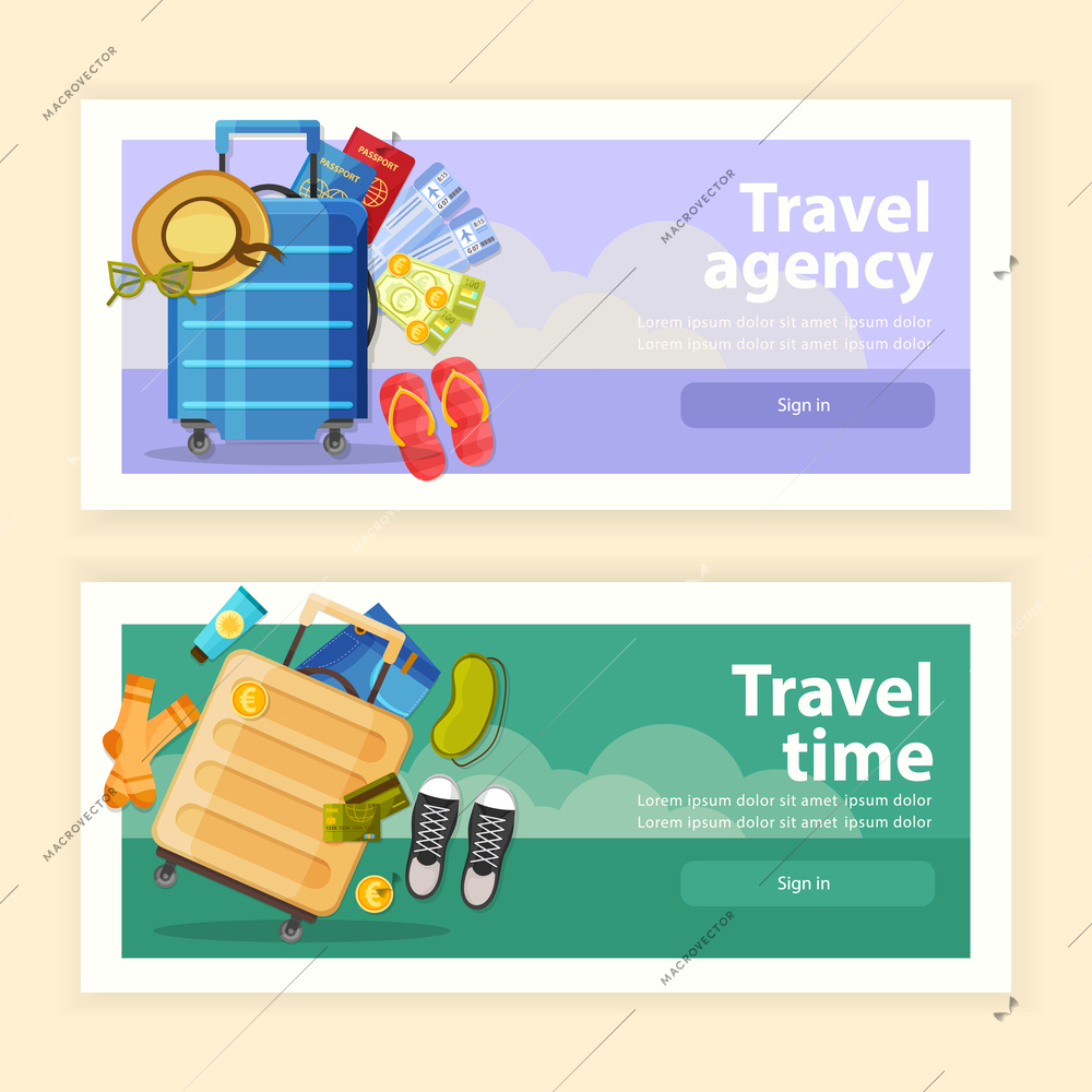 Set of two horizontal suitcase banners with sign in buttons text and flat tourists belongings images vector illustration