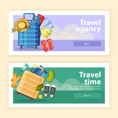 Set of two horizontal suitcase banners with sign in buttons text and flat tourists belongings images vector illustration