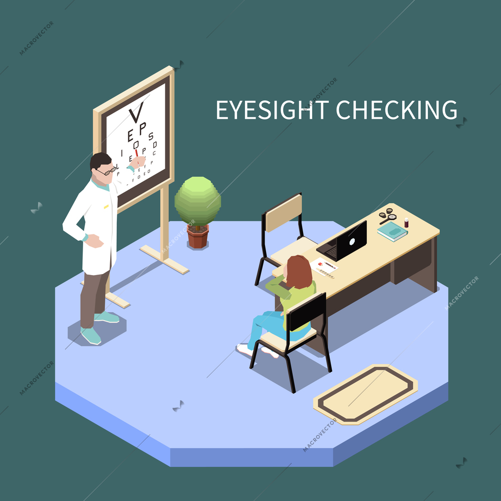 Patient checking eyesight ophthalmology isometric composition 3d vector illustration