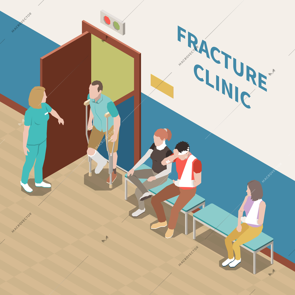 Injured people waiting in fracture clinic 3d isometric vector illustration