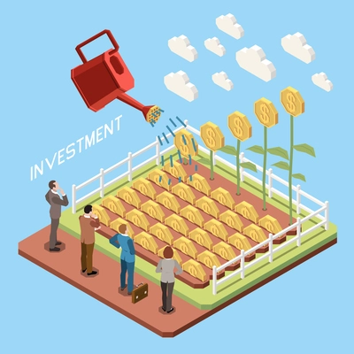 Online trading investment growth isometric concept with coins and business people 3d vector illustration