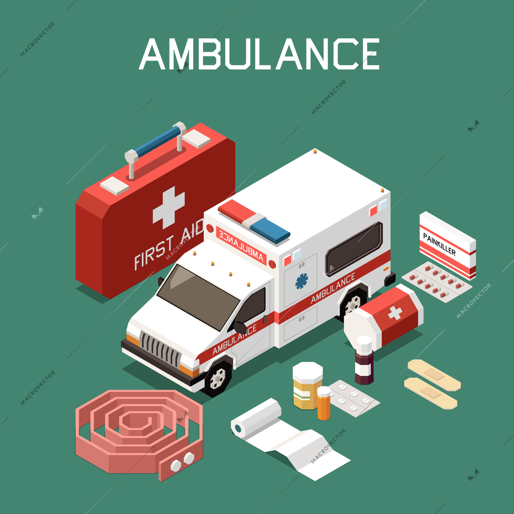 Ambulance car and first aid kit with plaster bandage medicine 3d isometric vector illustration