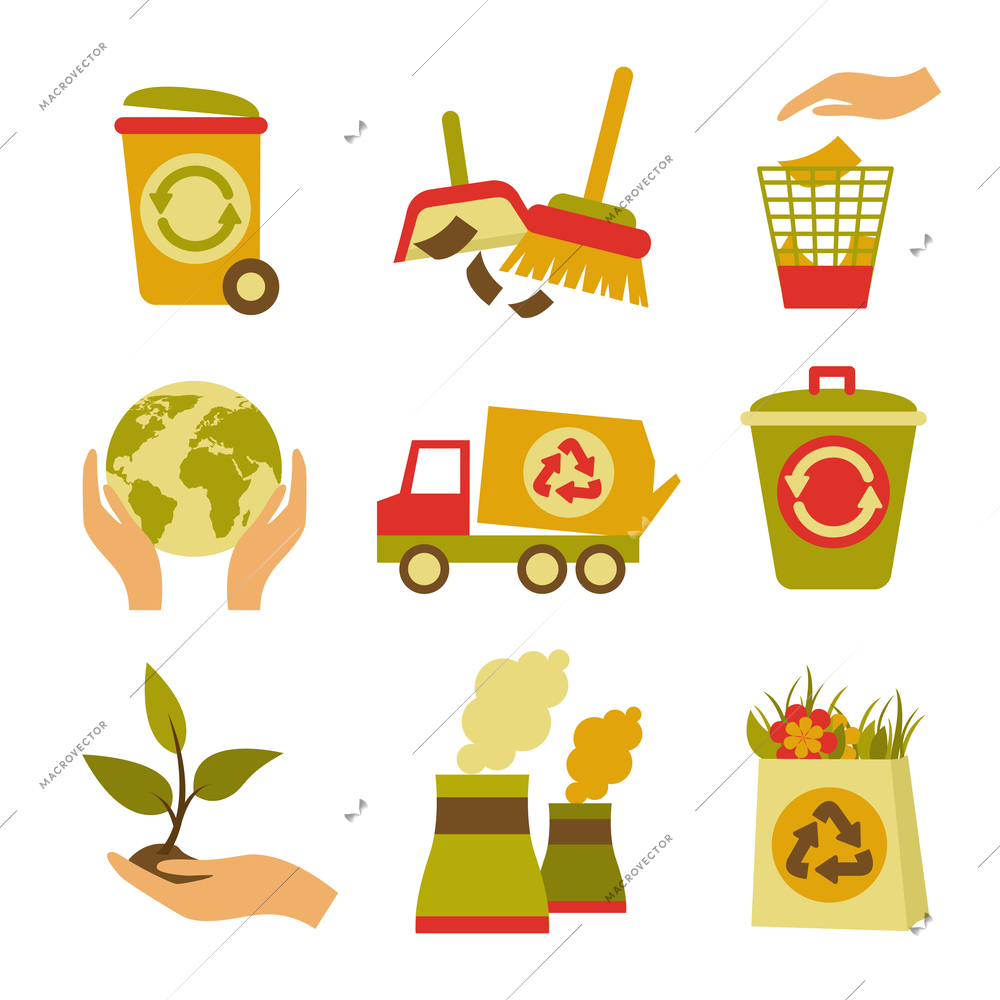 Ecology and waste colored icons set of trash can globe plant isolated vector illustration