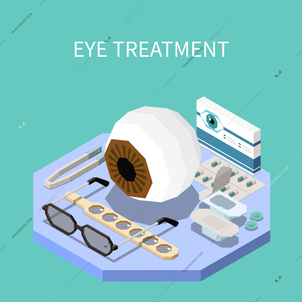 Ophthalmology isometric composition with eye treatment equipment 3d vector illustration