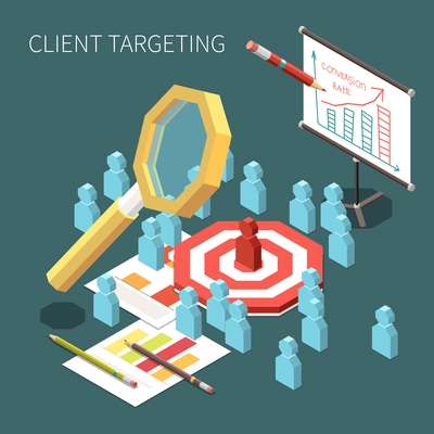 Conversion rate optimization and client targeting isometric colorful concept on grey background 3d vector illustration