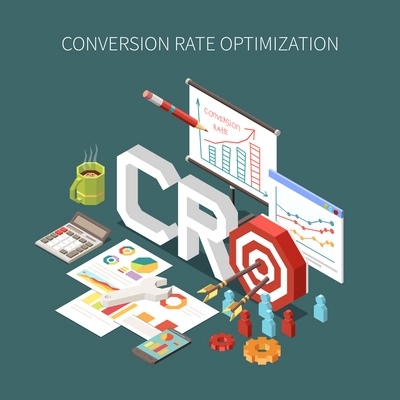 Conversion rate optimization and client targeting concept with plans graphs and diagrams 3d vector illustration