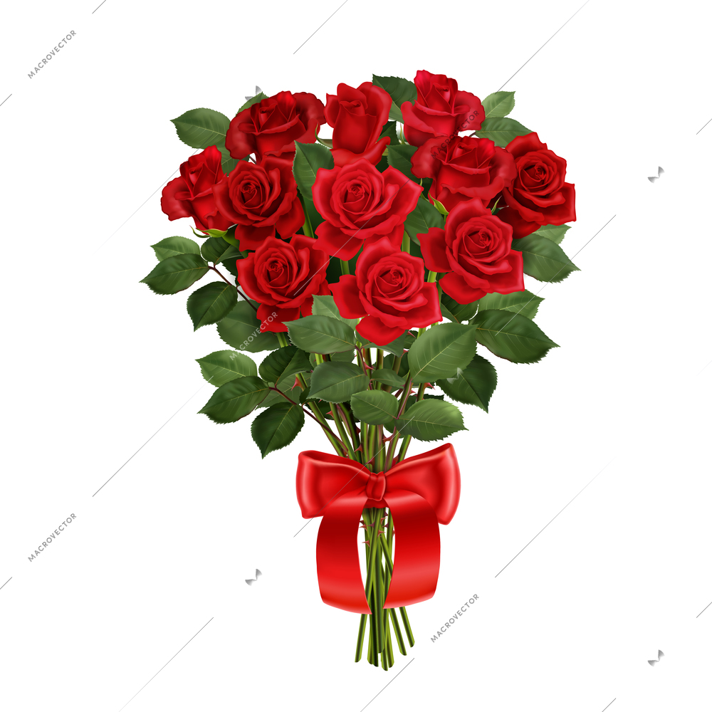 Bunch of red roses with ribbon realistic composition on white background vector illustration