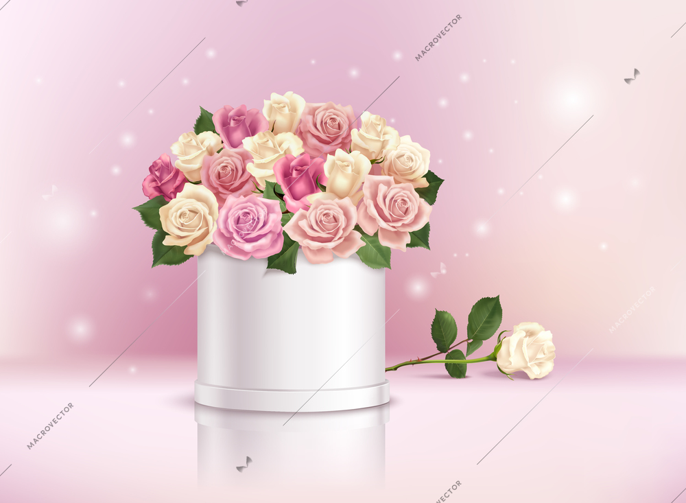 Realistic composition with romantic bunch of colorful roses in box vector illustration