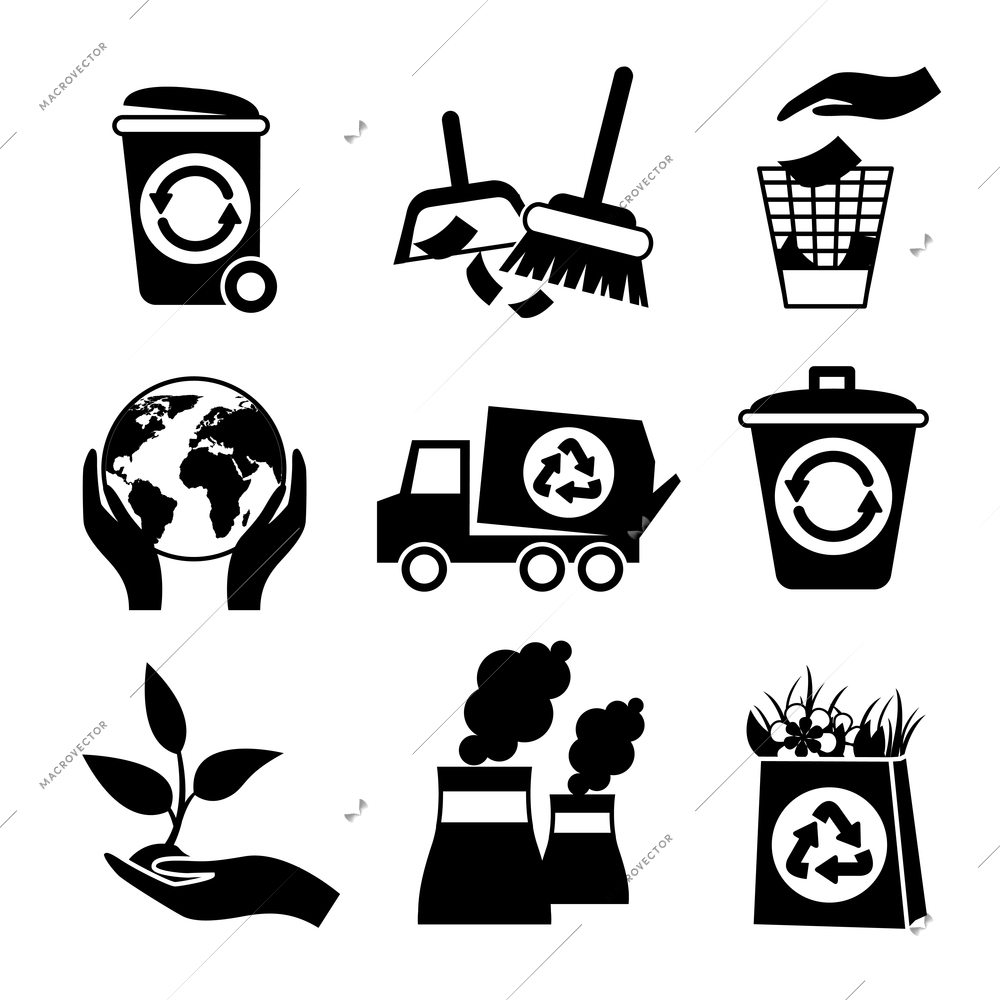 Ecology and waste black and white icons set of truck paper bag plant isolated vector illustration.