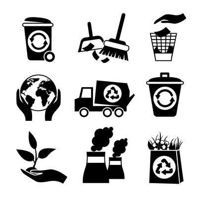 Ecology and waste black and white icons set of truck paper bag plant isolated vector illustration.