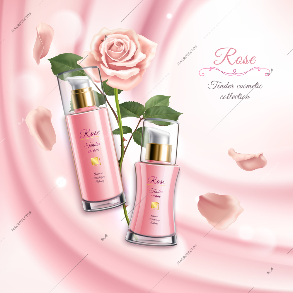 Rose cosmetics realistic background with two tubes of cream blooming flower and petals vector illustration