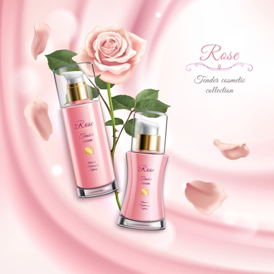 Rose cosmetics realistic background with two tubes of cream blooming flower and petals vector illustration