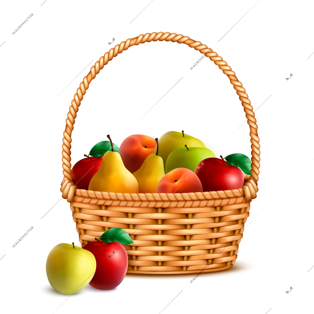 Willow wicker basket one handle full with ripe fresh farmer market fruits closeup realistic image vector illustration