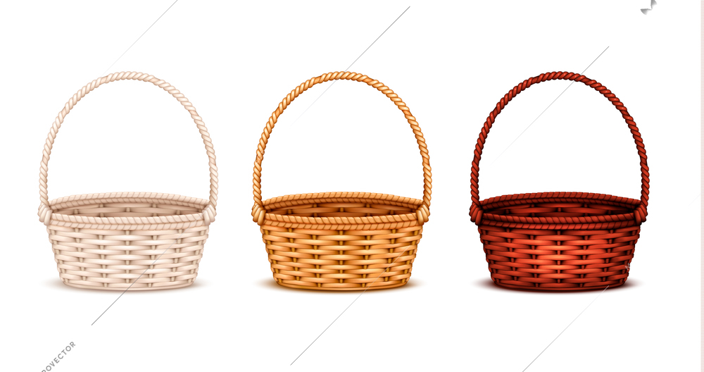 Colorful willow wicker baskets set of white natural and dark stained wood 3 realistic isolated images vector illustration