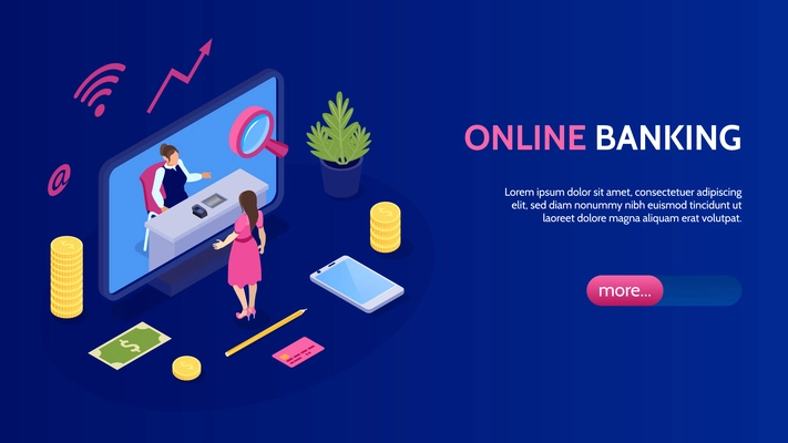 Online banking horizontal banner with icons illustrated mobile payments and transfer money from card isometric vector illustration