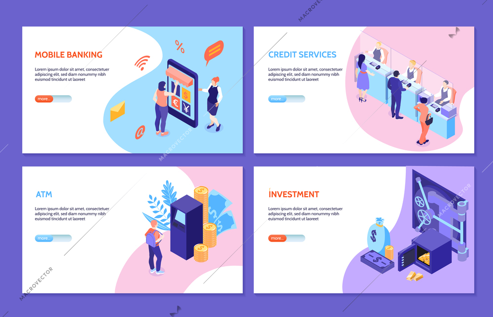 Bank service isometric horizontal banners set of mobile banking credit services investment atm vector illustration