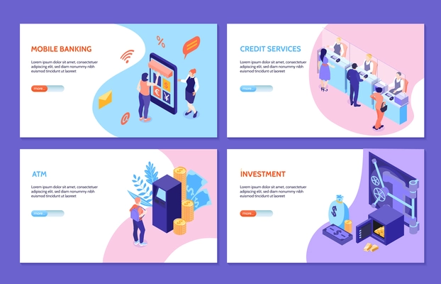 Bank service isometric horizontal banners set of mobile banking credit services investment atm vector illustration